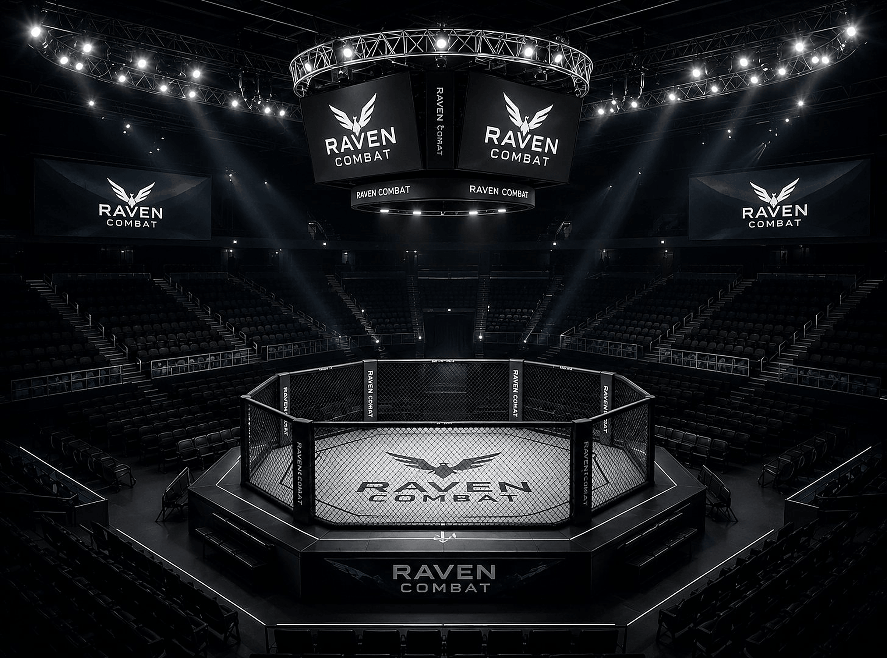 Raven Combat Arena — the octagon under spotlight